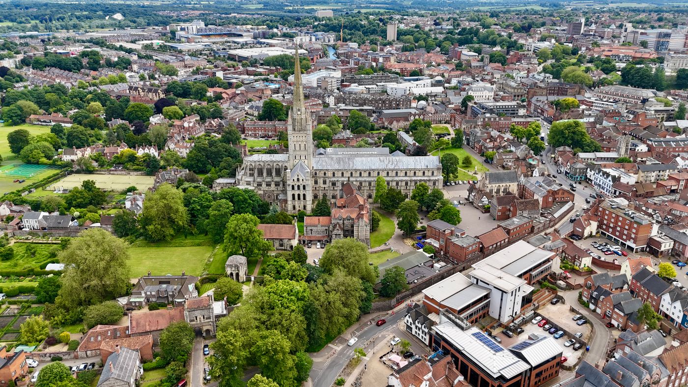 Norwich cathedral and surrounding Norfolk cityscape